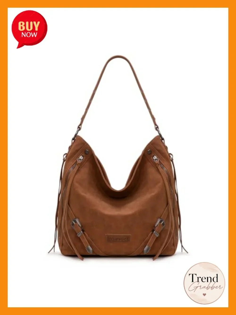Large Faux Suede Hobo Handbag with Fringe, Buckle, and Zipper, Crossbody